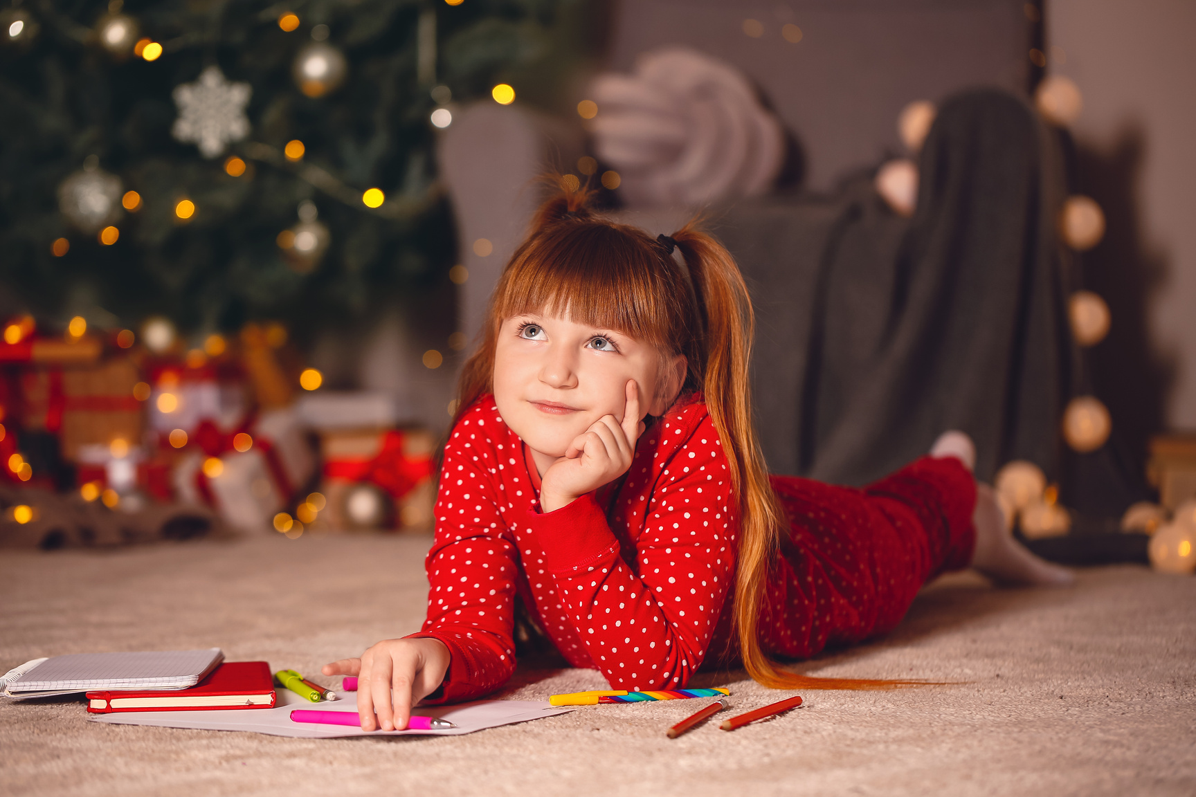 Cute Little Girl Writing Letter to Santa Claus